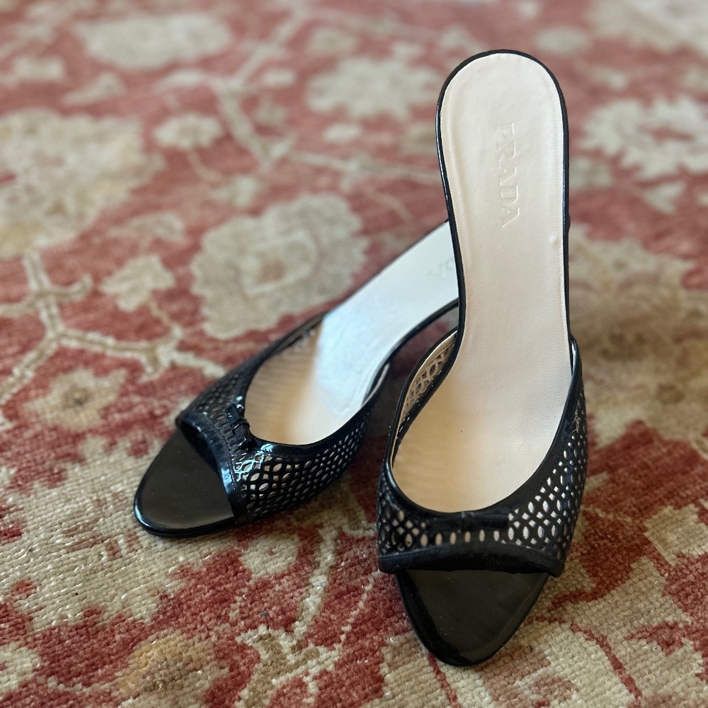 Black Prada Open Toe Kitten Heels with Patent Bows